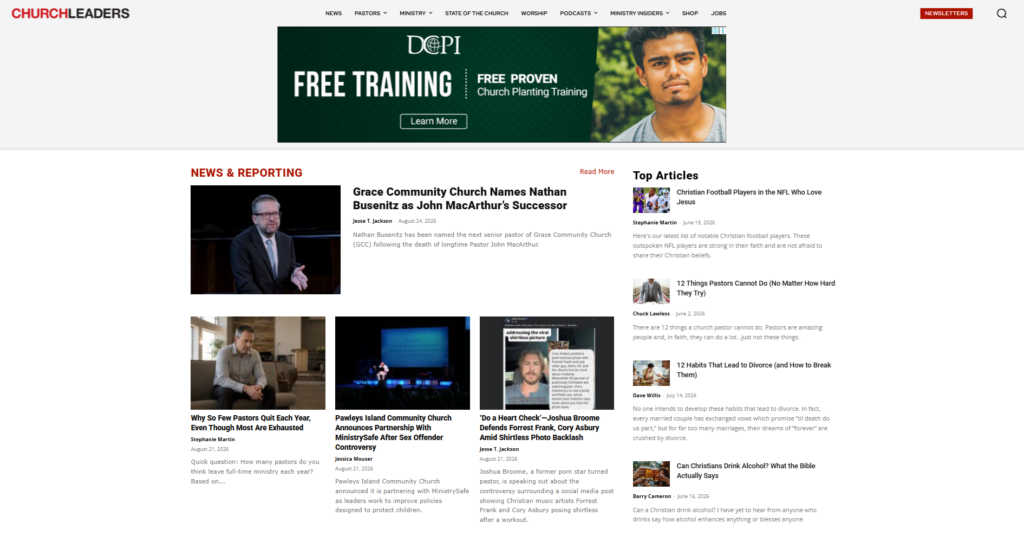 ChurchLeaders homepage showing ministry news and popular articles