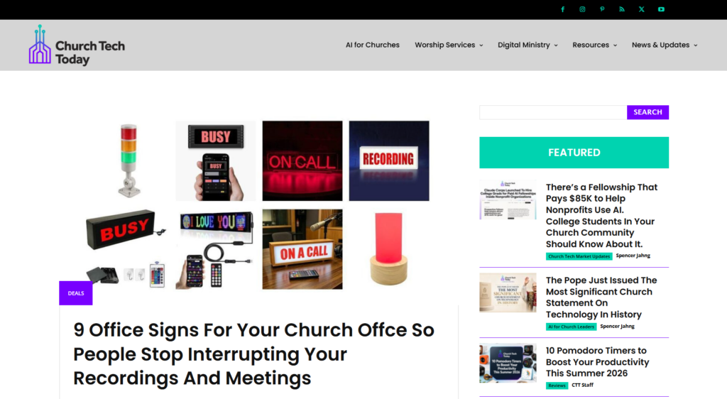 ChurchTechToday page featuring technology news, reviews, and digital ministry articles