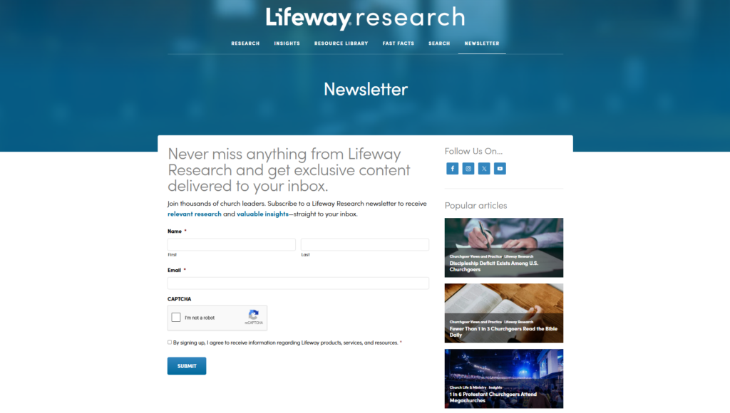 Lifeway Research newsletter sign-up page with church research and popular articles