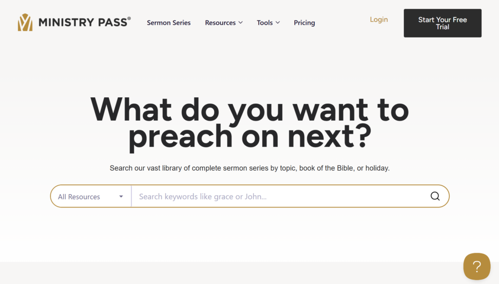 Ministry Pass homepage with a searchable library of sermon series and resources