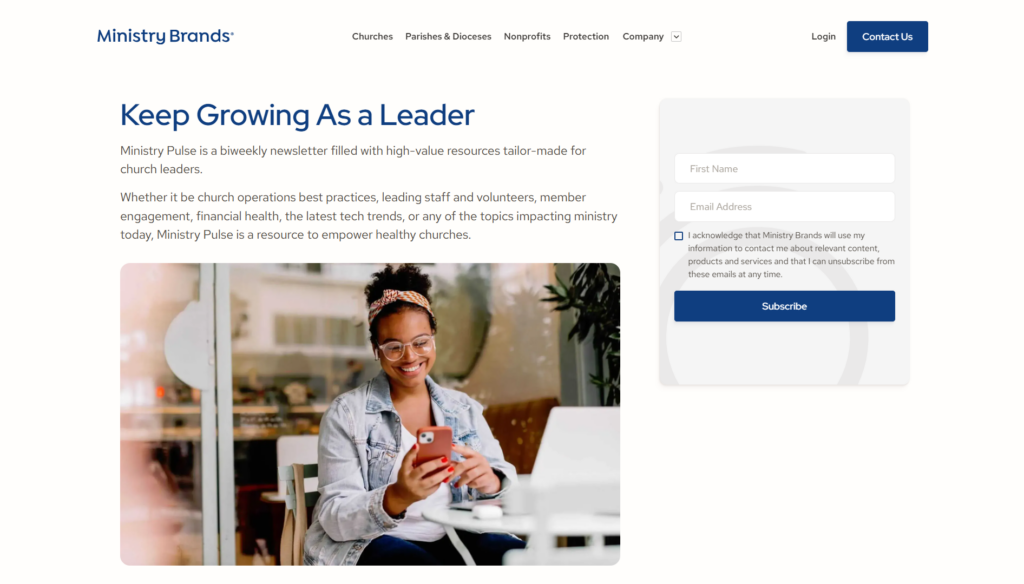 Ministry Pulse sign-up page highlighting resources for church leaders.