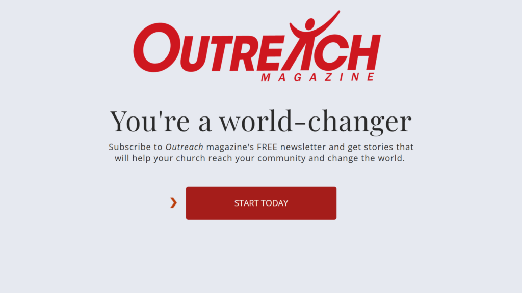 Outreach Magazine sign-up page inviting readers to receive church outreach stories