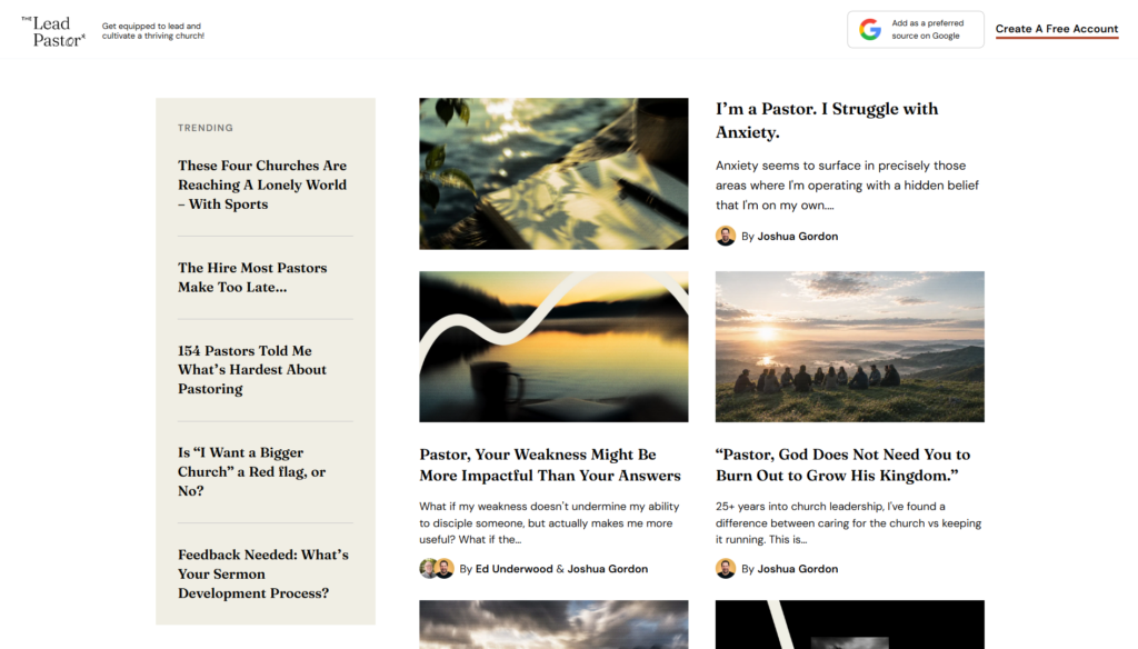 TLP page featuring articles and trending topics for church leaders