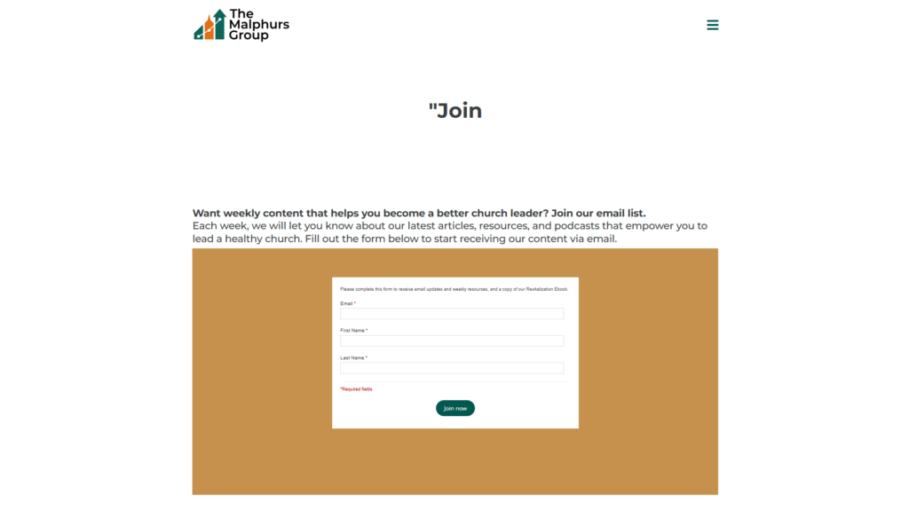The Malphurs Group email sign-up page for church leadership content
