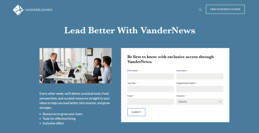 VanderNews sign-up page highlighting hiring guidance and team resources