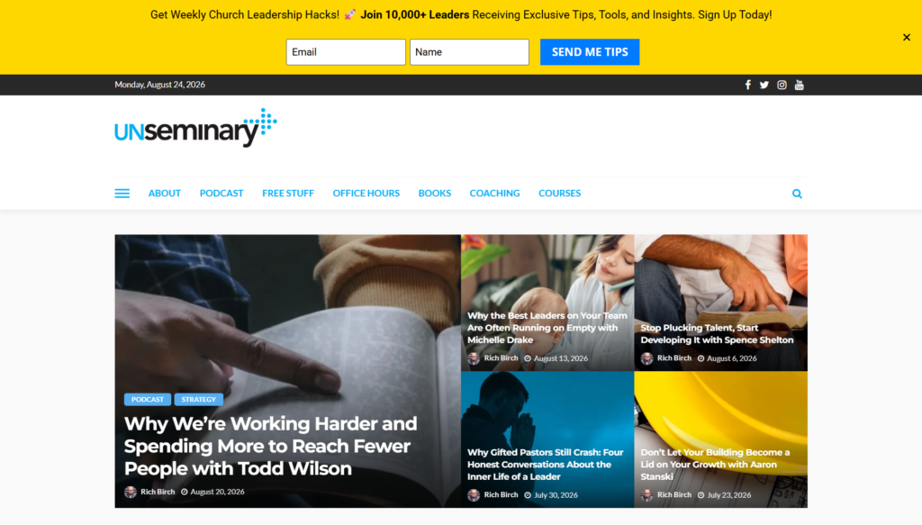 unSeminary homepage featuring church strategy articles and leadership tips